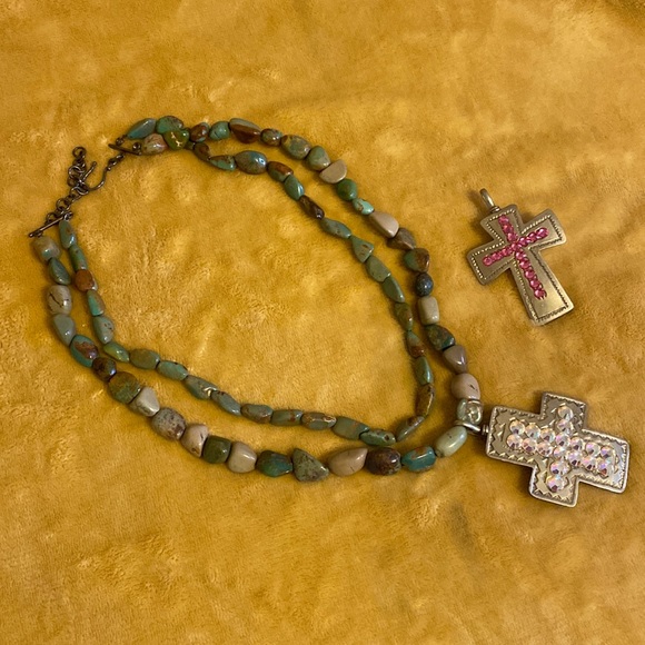 Double Genuine Turquoise Necklace 2 Cross Pendants Cowgirl Western Vintage - Picture 3 of 13